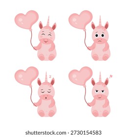 Cuatro unicornios rosados con diferentes emociones sostienen un globo en forma de corazón. Ilustración del día de San Valentín.