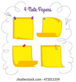 Four pinned yellow note papers in cartoon style, memo with curled corners, isolated note paper on white background, EPS 8