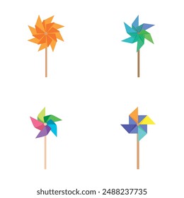 Four pinwheel designs with vibrant, multicolor segments on a clean background