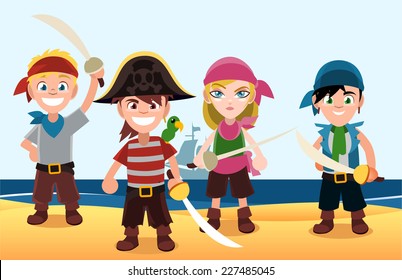 Four pirate Kids with swords and pirate shawls on the beach. With sand, water, moon vector illustration. 