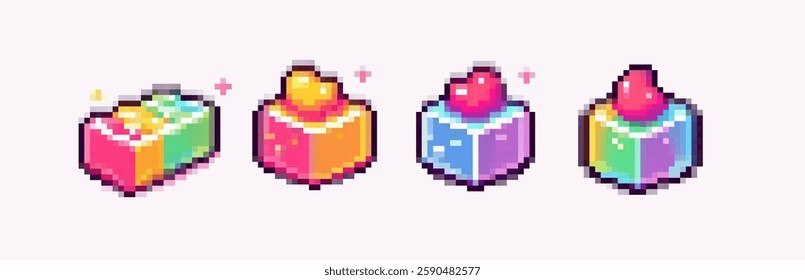 Four pixel art desserts featuring colorful layers and toppings are aligned in a row. Each has a glossy finish, adding a playful and nostalgic touch reminiscent of retro graphics.