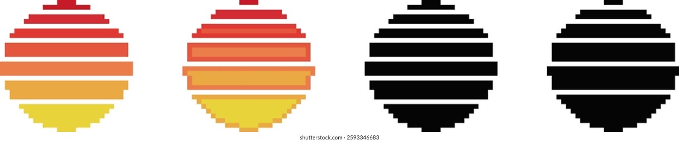 Four pixel art eggs feature red, orange, yellow, and black stripes, blending a digital and classic style.