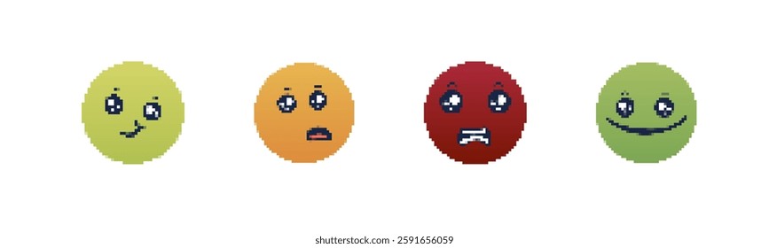 Four pixel art emojis display different emotions through simple expressions and vibrant colors.