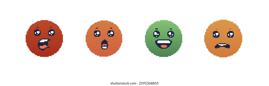 Four pixel art faces display emotions through distinct expressions and vibrant colors.