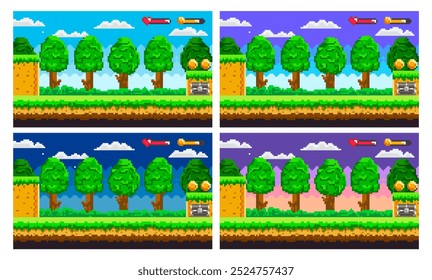 Four pixel art forest scenes set at different times of the day. Each scene contains trees, clouds, a grassy terrain, coins, and game interface elements. Ideal for game design, animation projects