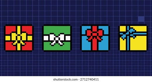 Caixas de presente de arte de quatro pixels com fitas em um plano de fundo de grade azul