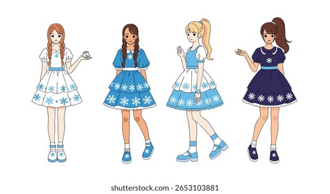 Four Pixel Art Girls in Blue and White Dresses Displaying a Variety of Styles and Poses