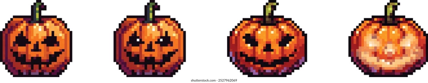 four pixel art pumpkins with unique jack-o'-lantern faces for halloween