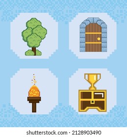 four pixel art set icons