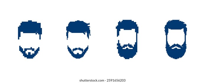 Four pixel art style hairstyles showcasing diverse forms and unique beard designs in blue tones.