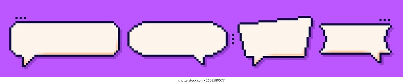 Four pixel speech bubbles drawn in 8 bit style on purple background.