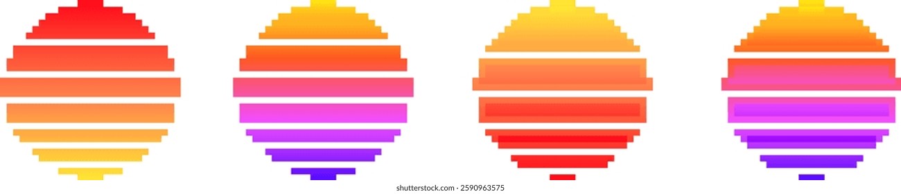 Four pixelated egg shapes with vibrant horizontal stripes in red, orange, and purple.