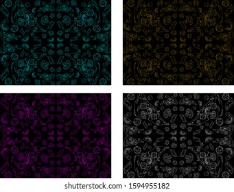 Four Pizza Patterns. In bright colors of blue, pink, gold and white, on a black background. Linear silhouettes of pizza and extra products.