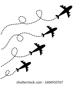 Four plane icon set. Airplane flying. Black silhouette shape. Four dash line loop in the sky. Travel trace. Love romantic card. Flat design. White background Isolated. Vector illustration