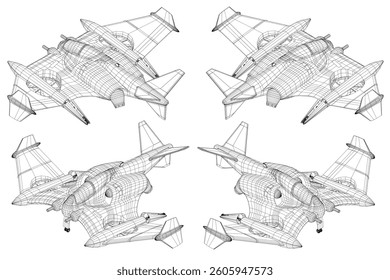 Four planes are shown in a black and white drawing. The planes are all different sizes and are positioned at various angles. The drawing gives the impression of a futuristic aircraft