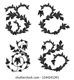 Four plants elements with leaves of Victorian style, black isolated stencil vector on the white background for design 