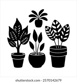 four plants pots vector silhouette design
