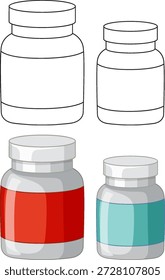 Four plastic medicine jars presented in simple line art and colored vector graphic styles