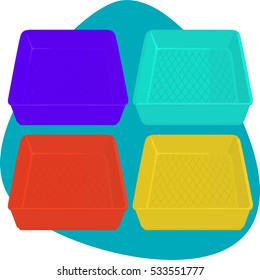 Four plastic trays with stripes. Violet, red, yellow, green rectangular tray. Isolated on a blue background. Set.