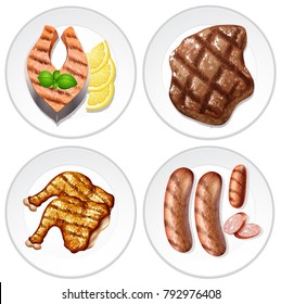 Four plates of grilled food with different meats illustration