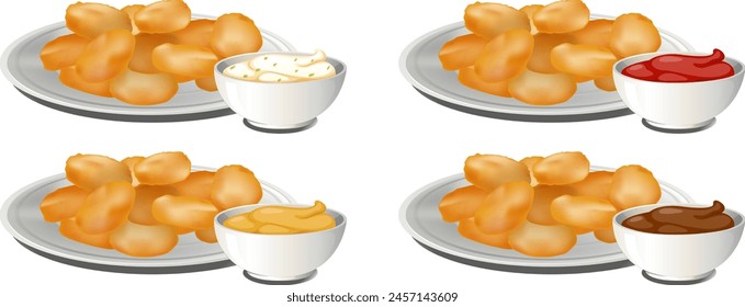 Four plates of nuggets with different dipping sauces.