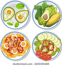 Four plates with vibrant, detailed food illustrations including avocado, salad, pasta, and vegetables in a vector style
