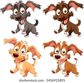 Four playful animated dogs showing different emotions.