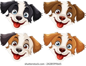 Four playful cartoon dog faces expressing joy