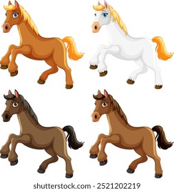 Four playful cartoon horses in different colors