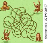 Four playful cartoon monkeys navigating a tangled green vine maze in a vibrant jungle setting, perfect for children’s games, puzzles, or cheerful illustrations. High-quality vector art