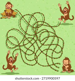 Cuatro monos de dibujos animados juguetones navegando por un laberinto de enredaderas verdes en un entorno de selva vibrante, perfecto para juegos infantiles, rompecabezas o ilustraciones alegres. Arte vectorial de alta calidad