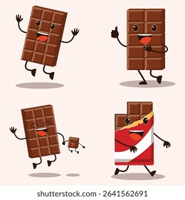 Four playful chocolate bar characters are shown in different actions.  One is shown jumping, another giving a thumbs up, and the others are shown walking and holding hands.