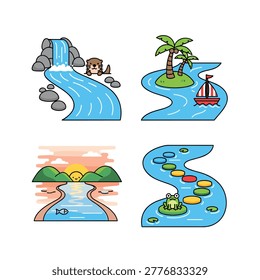 Four playful river scenes show a waterfall with an otter, a tropical island with a sailboat, a sunset valley, and a frog pond with stepping stones.