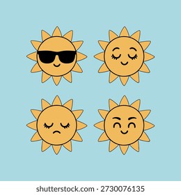 Cuatro ilustraciones de sol juguetonas con caras expresivas que incluyen gafas de sol frescas, tristes felices y guiñando el ojo sobre un fondo azul suave