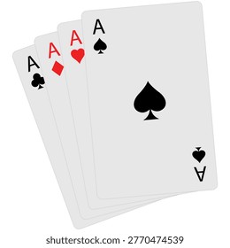 Four playing card aces arranged in a classic fan shape clubs diamonds hearts spades. Traditional black and red colors. Strong four of a kind poker hand. Ideal for casino or game graphics.