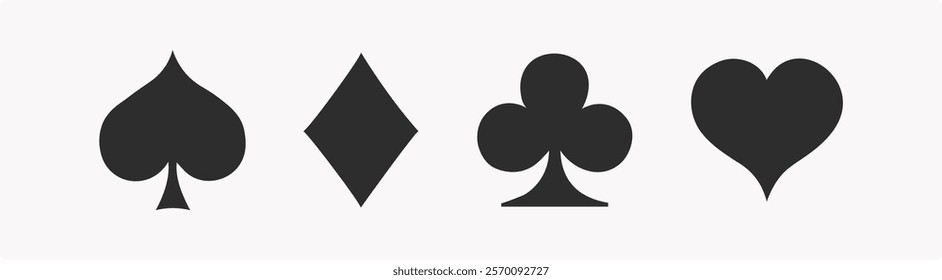 Four playing cards. Playing card suits icon set. Hearts diamonds clubs spades sign chips. Suit deck of playing cards. vector illustration