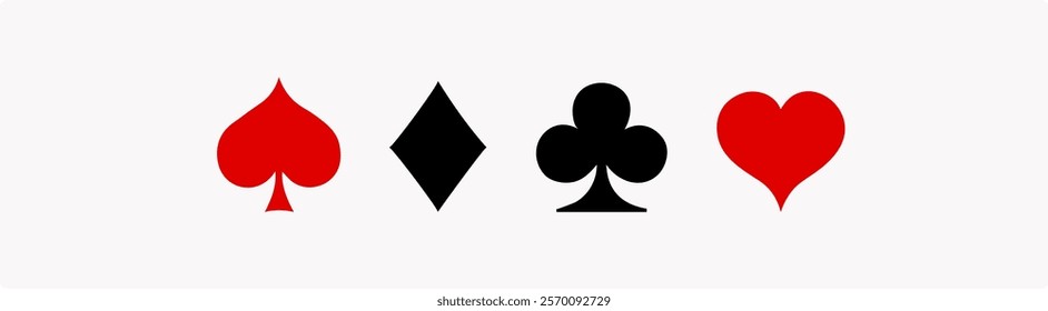 Four playing cards. Playing card suits icon set. Hearts diamonds clubs spades sign chips. Suit deck of playing cards. vector illustration