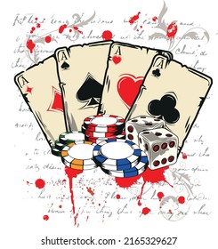 four playing cards depicting the aces with two dice and casino fish, on the back an inscription with red spots and floral motif.