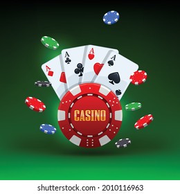 Four playing cards and gambling chips. Vector illustration. Four playing cards and a gambling chip on green background. Casino banner concept. Online casino, gambling concept, poker mobile app icon