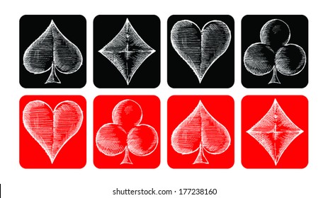 Four playing cards hand drawn signs isolated, Sketch playing cards symbols, Set of grunge playing cards symbol 