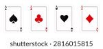 Four playing cards set template. Ace of spades club heart diamond suit, playing card graphic element collection. Vector illustration
