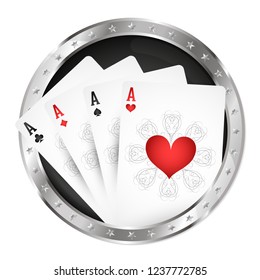 Four playing cards in a silver circle symbol for gambling