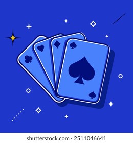 Quatro cartas de baralho com espadas, diamantes, corações e paus espalhados em um esquema de cor de estilo de ilustração de design plano azul