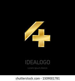 Four Plus - golden logo. Metallic 3d icon or logotype template. Vector design element. Number 4.