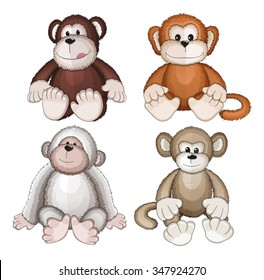 Four plush monkeys on a white background