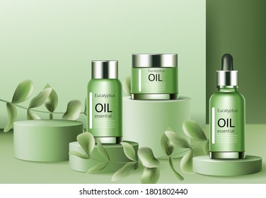 Four podiums surrounded by twigs with three containers filled with eucalyptus essential oil. Place for text. Realistic. 3D Mockup Vector