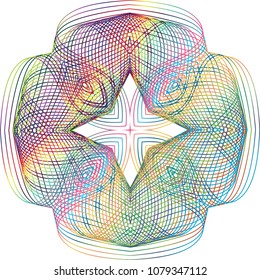 Four point layered open star guilloche rosette with striped rainbow gradient color themes.