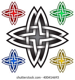 Four pointed logo symbol in Celtic style. Tribal tattoo symbol. Silver stamp for jewelry design and samples of other colors.