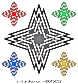 Four pointed logo symbol in Celtic style. Tribal tattoo symbol. Silver stamp for jewelry design and samples of other colors.