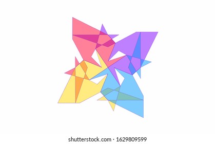 Four Pointed Star Geometric Polygon Transformation, Rainbow Pinwheel Symbolic Icon in Four Colors